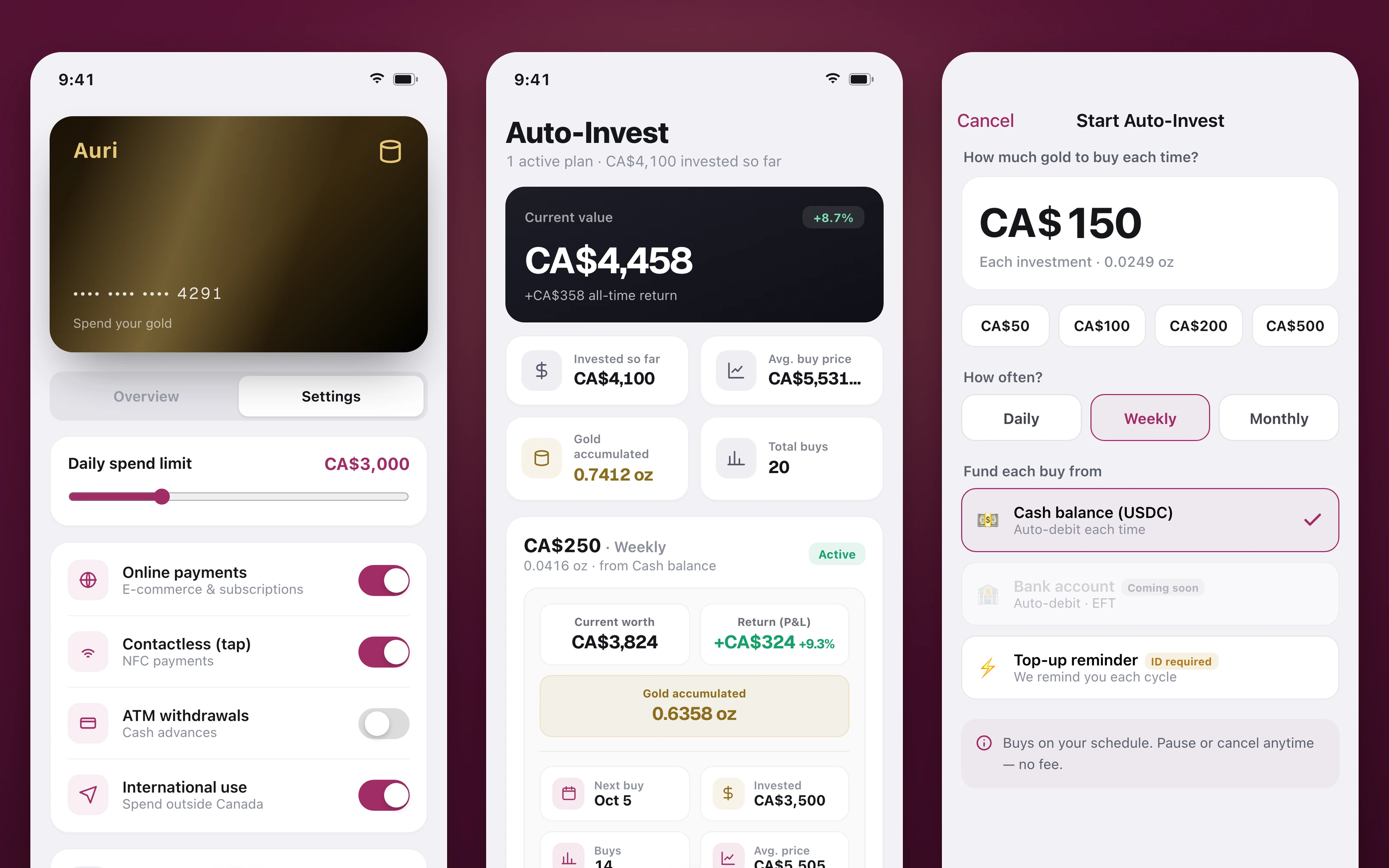 Auri on the phone: the gold card settings (designed, coming soon), Auto-Invest and a new plan