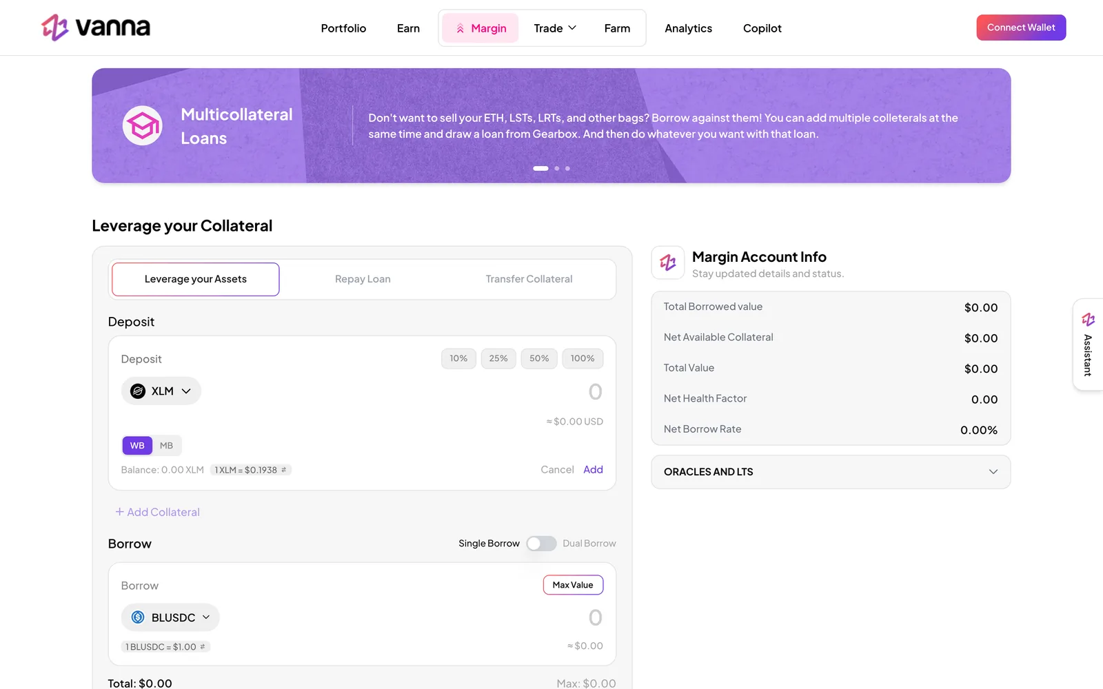 Vanna app: the margin account, with collateral, borrowing and one health factor